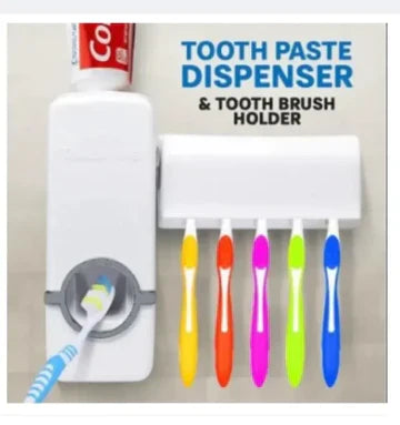 TOOTHPASTE DISPENSER WITH 5 BRUSH HOLDER WALL MOUNTED AUTOMATIC HANDS FREE TOOTHPASTE DISPENSER